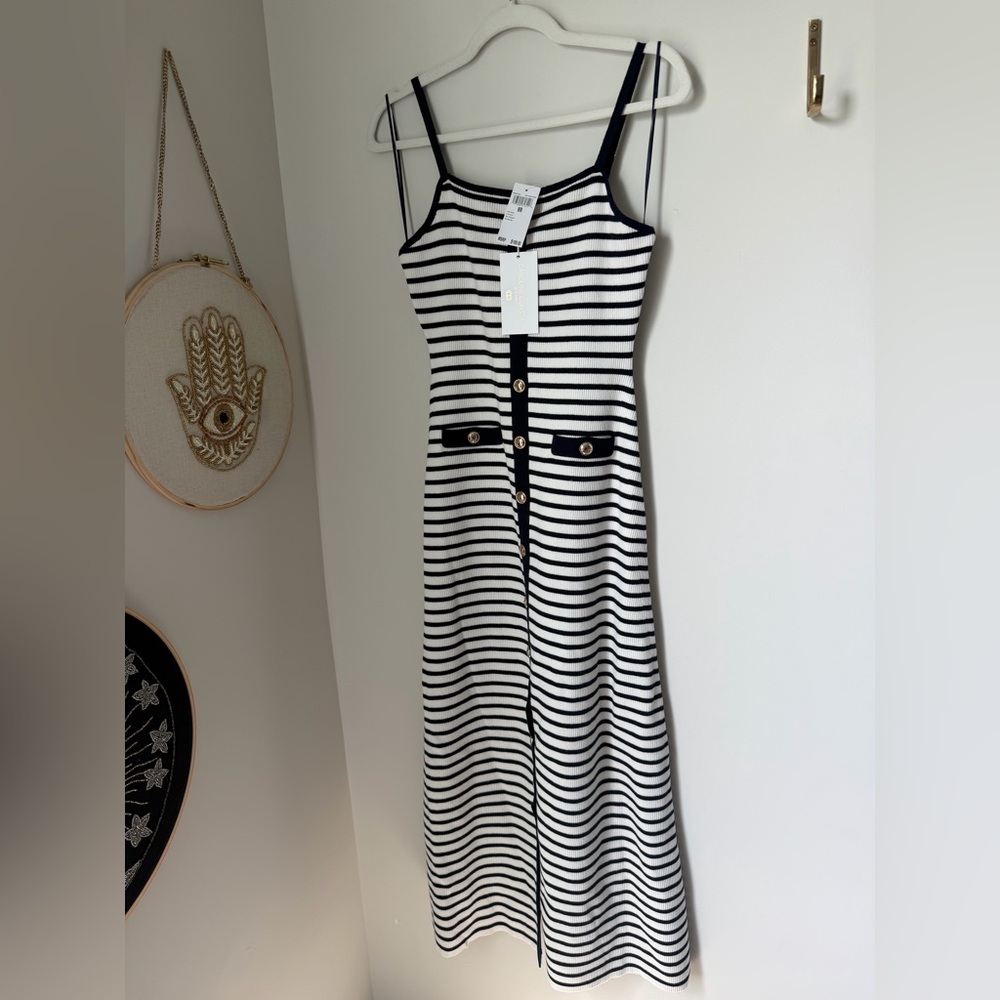 Caroline Constas Striped sleeveless Knit Maxi Dress with gold Button Detail